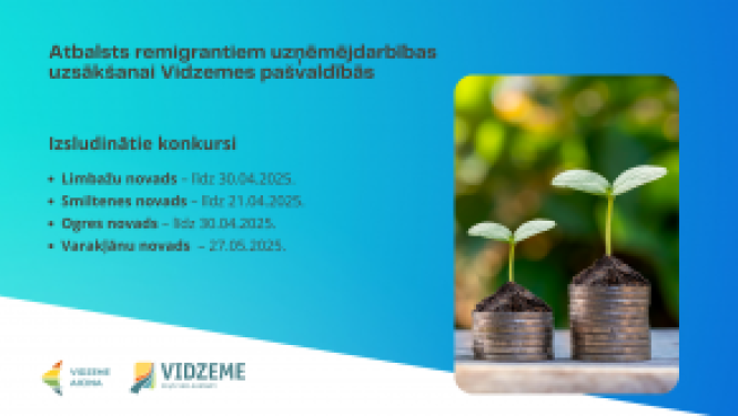 Plakāts par atbalstu remigrantiem uzņēmējdarbības uzsākšanai Vidzemes plānošanas reģiona pašvaldībās: Limbažu novadā, Smiltenes novadā, Ogres novadā un Varakļānu novadā ar norādītiem pieteikšanās datumiem.