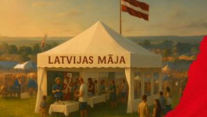 Aicinājums piedalīties Jāņu festivālā "Bērzes strazdi" 2025. gada 20.-22. jūnijā Daugavas Vanagu fonda īpašumā Straumēni (Lielbritānijā) un apmeklēt attēlā redzamo telti "Latvijas māja".