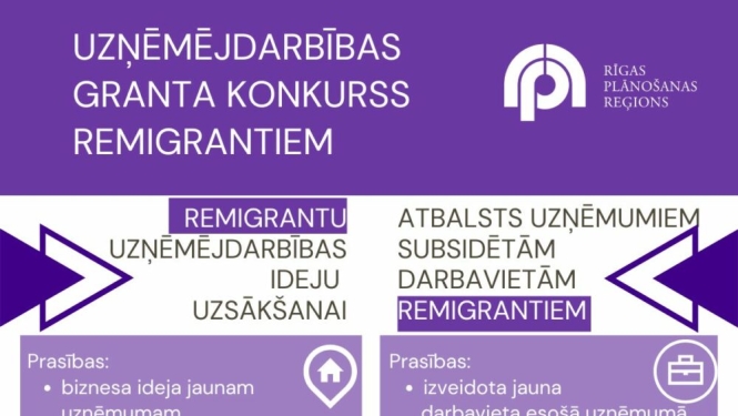 Plakāts uzņēmējdarbības grantu konkursam remigrantiem Pierīgas pašvaldībās - Ropažu, Salaspils, Ādažu un Ķekavas novados.