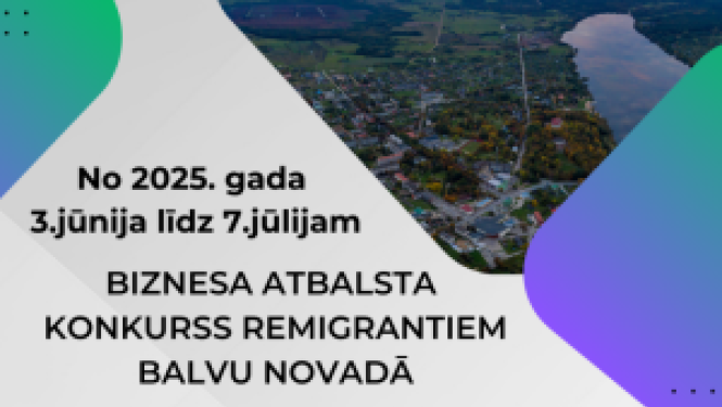 Vizuālis ar uzrakstu "Biznesa atbalsta konkurss remigrantiem Balvu novadā no 2025. gada 3. jūnija līdz 7. jūlijam" un Balvu pilsētas attēls no putna lidojuma.