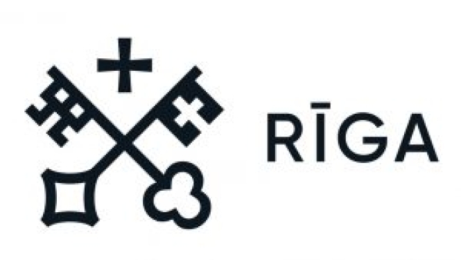 Melnbalts Rīgas logo ar divām atslēgām un krustu.