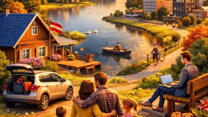 Ģimene ar bērniem Latgales ainavā pie ezera, simbolizējot atgriešanos un dzīvi reģionā