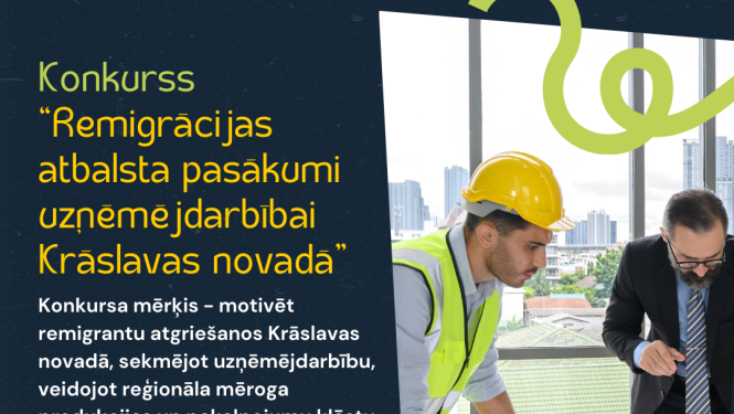 Plakāts projektu konkursam “Remigrācijas atbalsta pasākumi uzņēmējdarbībai Krāslavas novadā” ar pieteikšanos līdz 30. aprīlim un pieejamo finansējumu 14 008,29 euro.