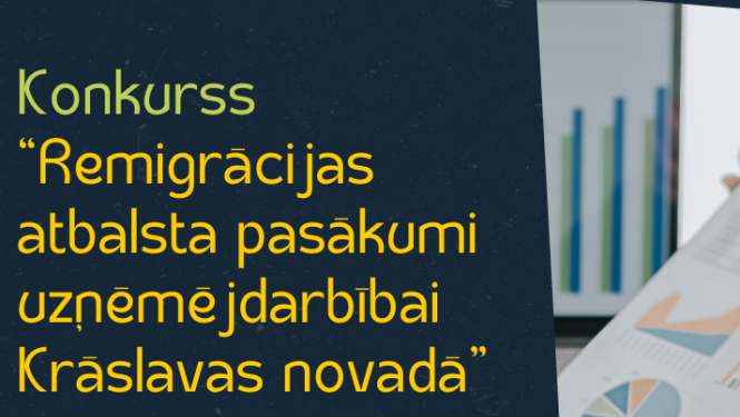 Projektu konkursa "Remigrācijas atbalsta pasākumi uzņēmējdarbībai Krāslavas novadā” afiša ar attēlotām diagrammām.