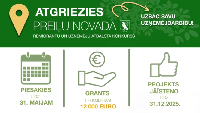 Plakāts par remigrantu un uzņēmēju atbalsta konkursu "Atgriezies Preiļu novadā" ar pieteikšanos līdz 31. maijam un grantu vienam projektam 12 000 euro.
