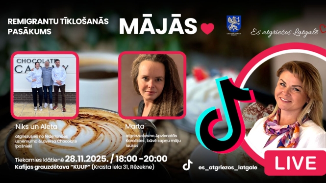 Informācija par remigrantu tīklošanās pasākumu "Mājās": fotogrāfijās redzami remigranti, kuri dalīsies ar saviem atgriešanās stāstiem, kā arī Latgales remigrācijas koordinatore Ruta Priede.