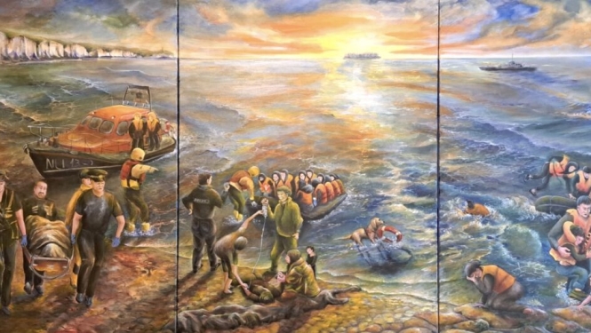 Juritas Kalītes glezna, kurā attēlots jūras krasts, glābēji ar nestuvēm un cilvēki glābšanas vestēs plostos pēc kuģa avārijas.