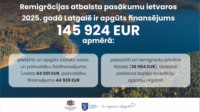 Ainavisks Latgales ezera skats no putna lidojuma ar mežainām salām un rudenīgi krāsotiem kokiem. Uz attēla grafiski izvietots teksts par remigrācijas atbalsta pasākumiem Latgalē.