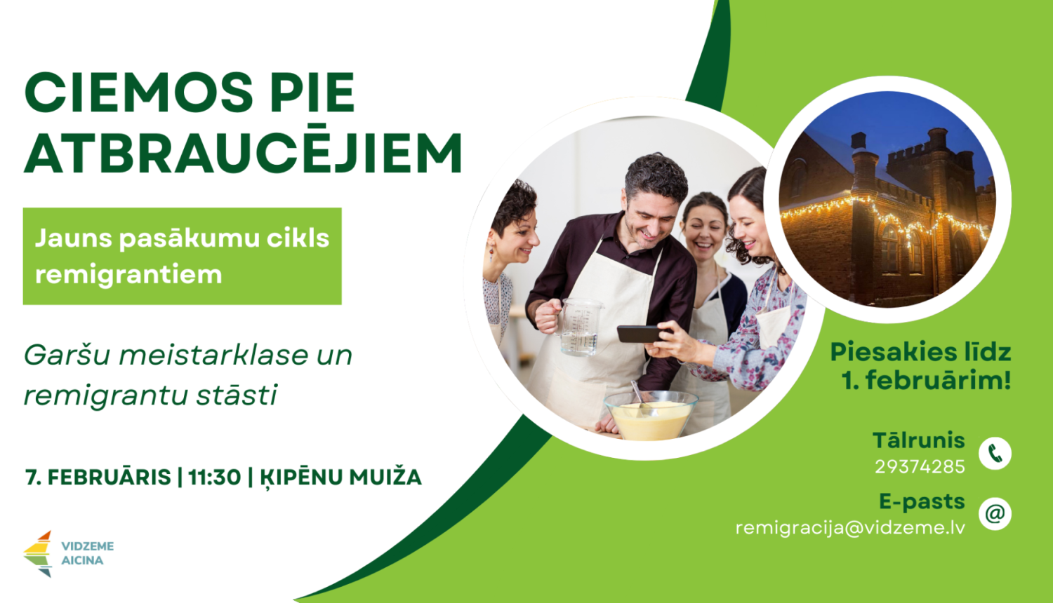 Pasākuma “Ciemos pie atbraucējiem” afiša – remigrantu garšu meistarklase Ķipēnu muižā ar aicinājumu pieteikties līdz 1. februārim.