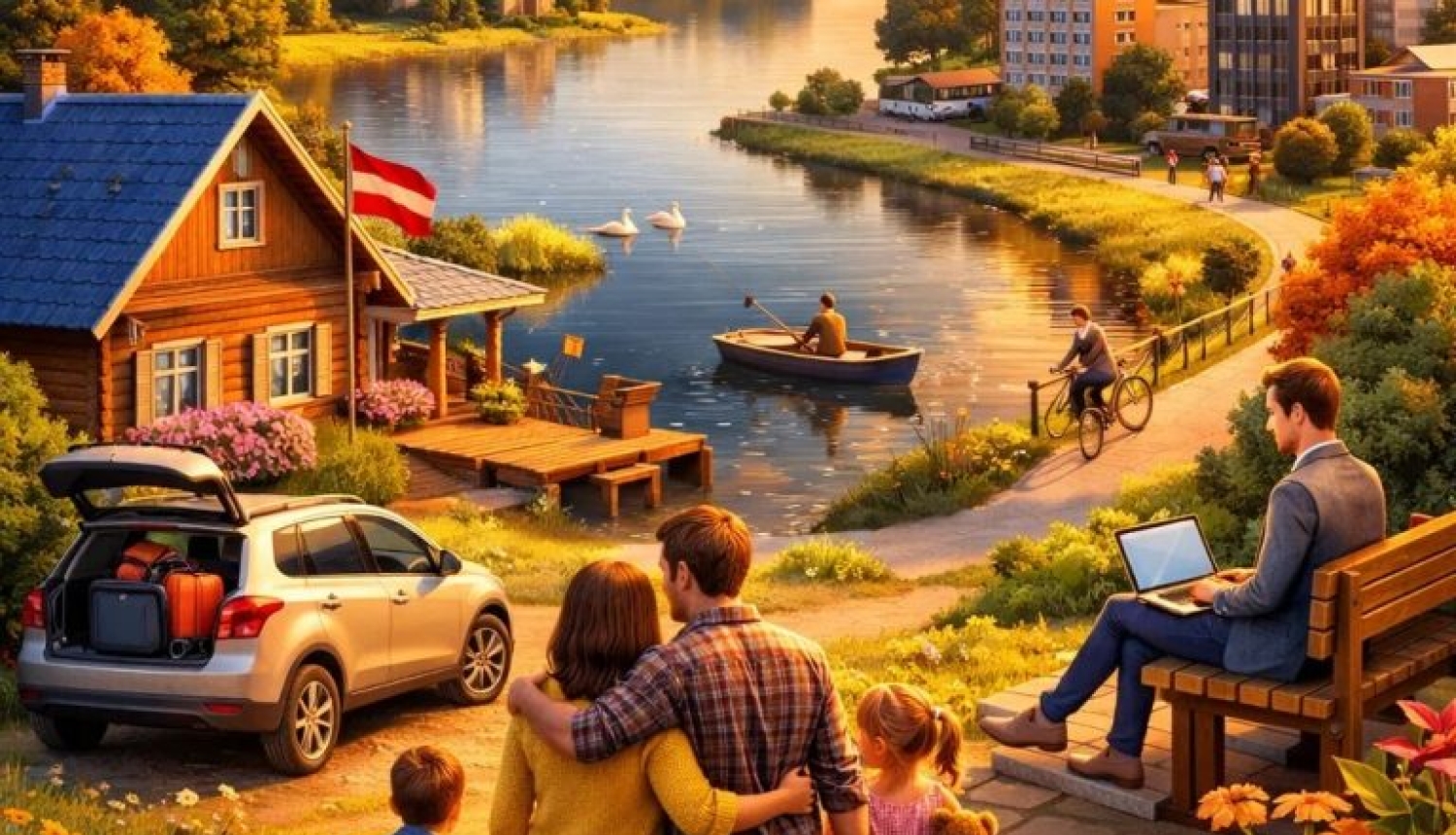 Ģimene ar bērniem Latgales ainavā pie ezera, simbolizējot atgriešanos un dzīvi reģionā