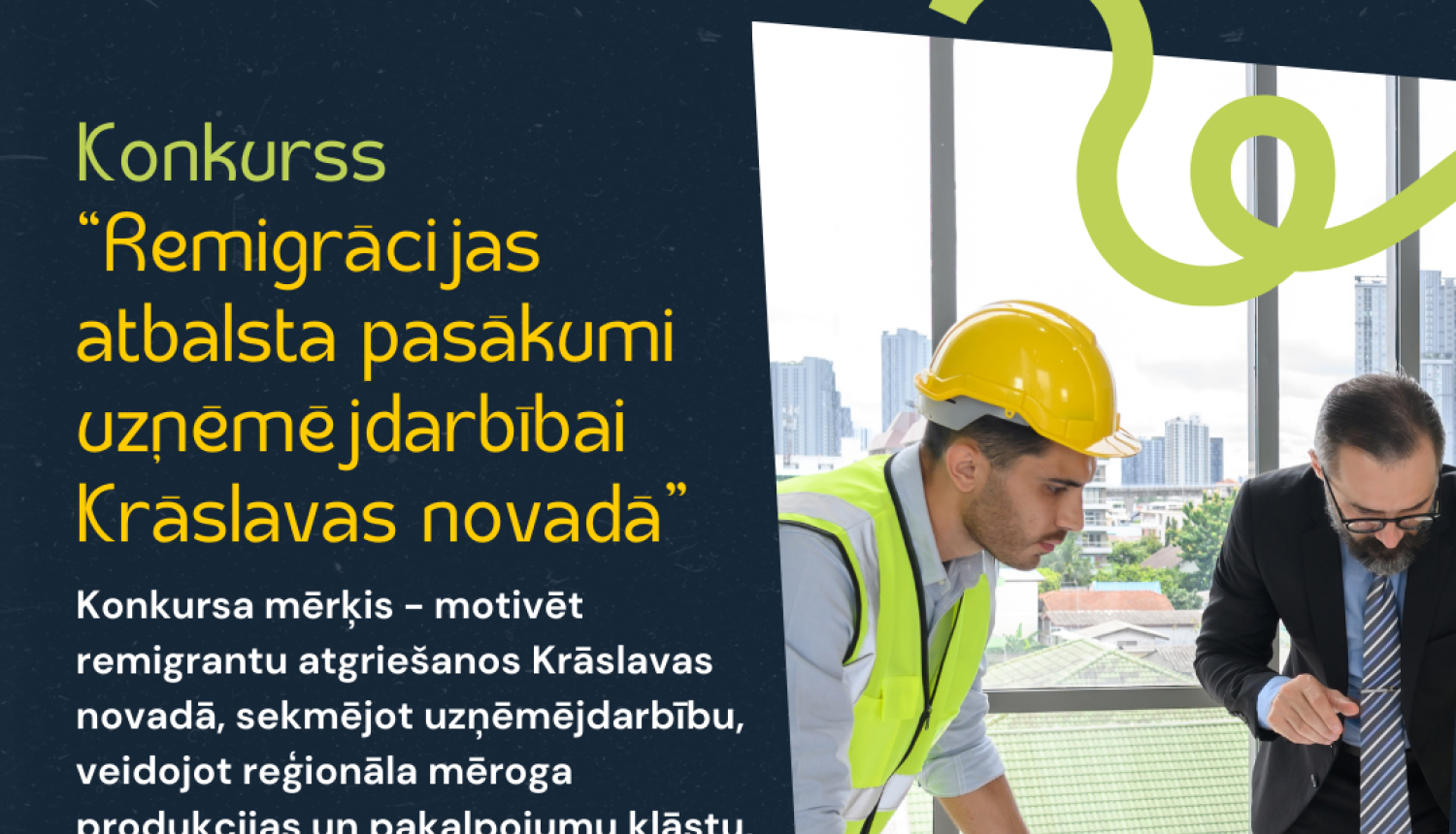 Plakāts projektu konkursam “Remigrācijas atbalsta pasākumi uzņēmējdarbībai Krāslavas novadā” ar pieteikšanos līdz 30. aprīlim un pieejamo finansējumu 14 008,29 euro.