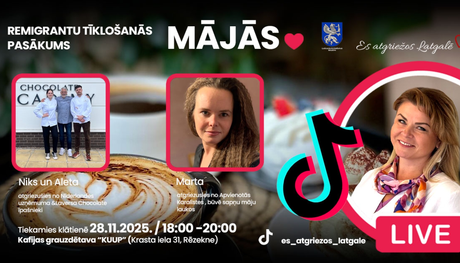 Informācija par remigrantu tīklošanās pasākumu "Mājās": fotogrāfijās redzami remigranti, kuri dalīsies ar saviem atgriešanās stāstiem, kā arī Latgales remigrācijas koordinatore Ruta Priede.