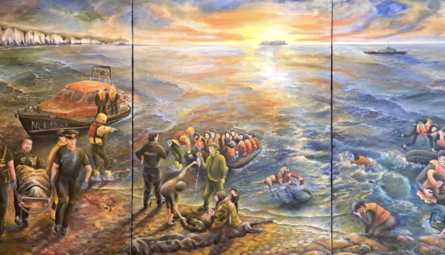 Juritas Kalītes glezna, kurā attēlots jūras krasts, glābēji ar nestuvēm un cilvēki glābšanas vestēs plostos pēc kuģa avārijas.