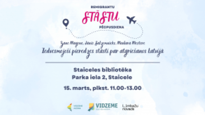 Afiša pasākumam "Remigrantu stāstu pēcpusdiena" Staiceles bibliotēkā 15. martā.